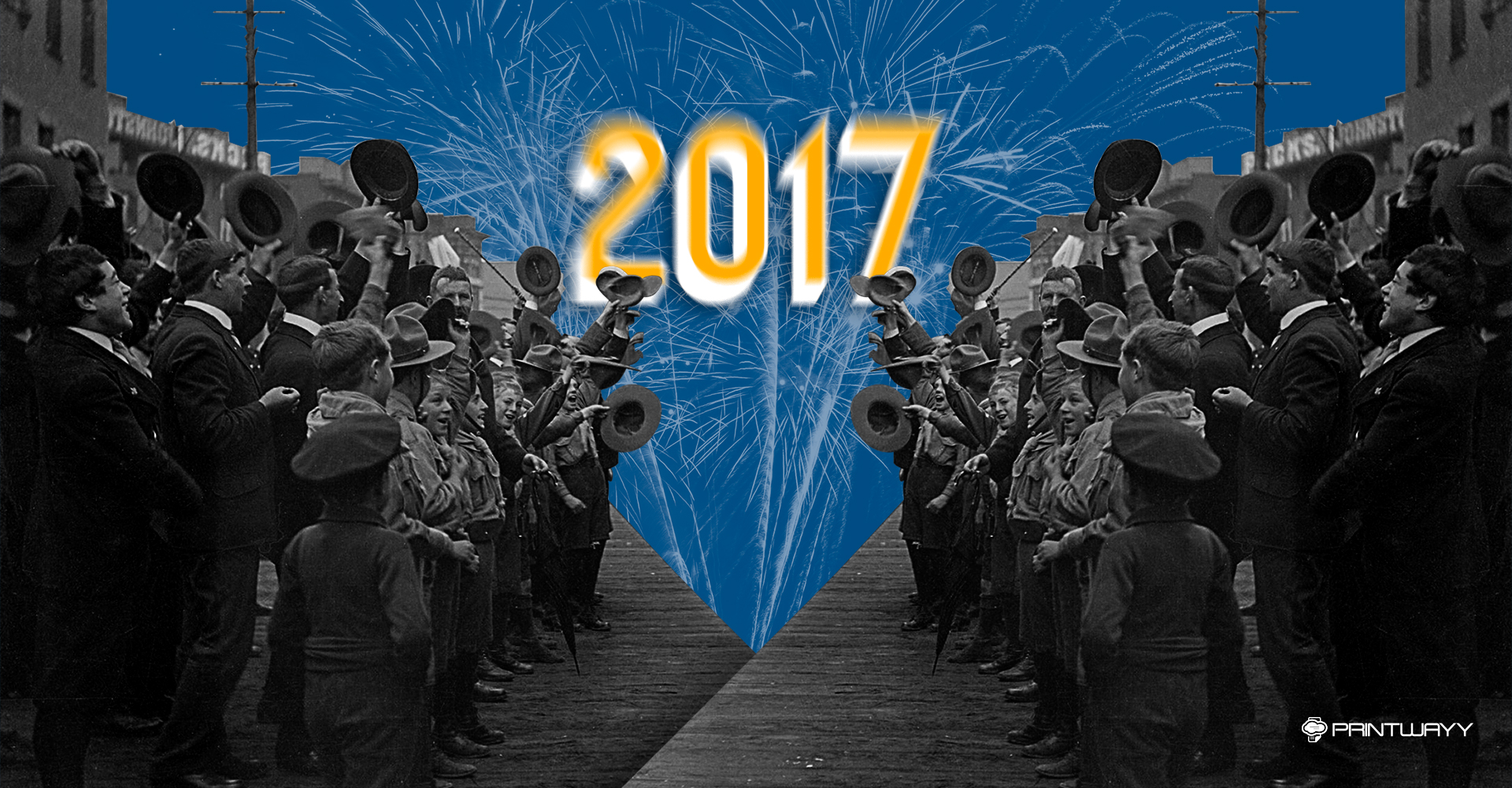 Imagem de pessoas acenando, algumas com chapéu na mão, fogos de artifício ao fundo. A imagem representa a chegada do final de ano e apresenta a retrospectiva da PrintWayy.