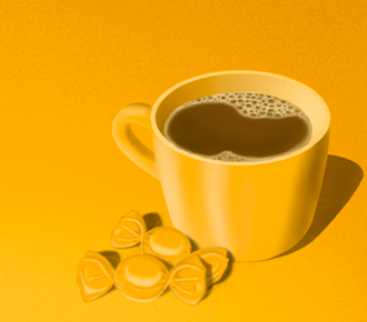 Imagen de una taza de café con algunos dulces, representando los pequeños costos de la vida cotidiana en alusión al costo de impresión.