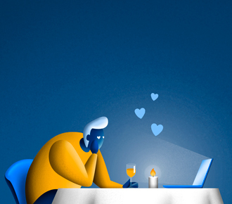 Ilustración de un hombre en una cita a la luz de las velas, pero su pareja es un notebook. La ilustración representa la búsqueda de un software.