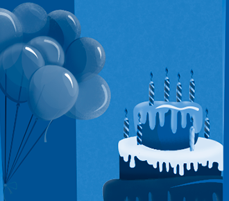 Imagen de una ventana, con vista a una fiesta, con torta, globos y banderas, en celebración del 08 aniversario de PrintWayy.