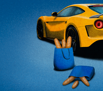 Ilustración de un coche de lujo deportivo amarillo y una bolsa de pan. La ilustración representa la historia que se cuenta sobre un cliente.