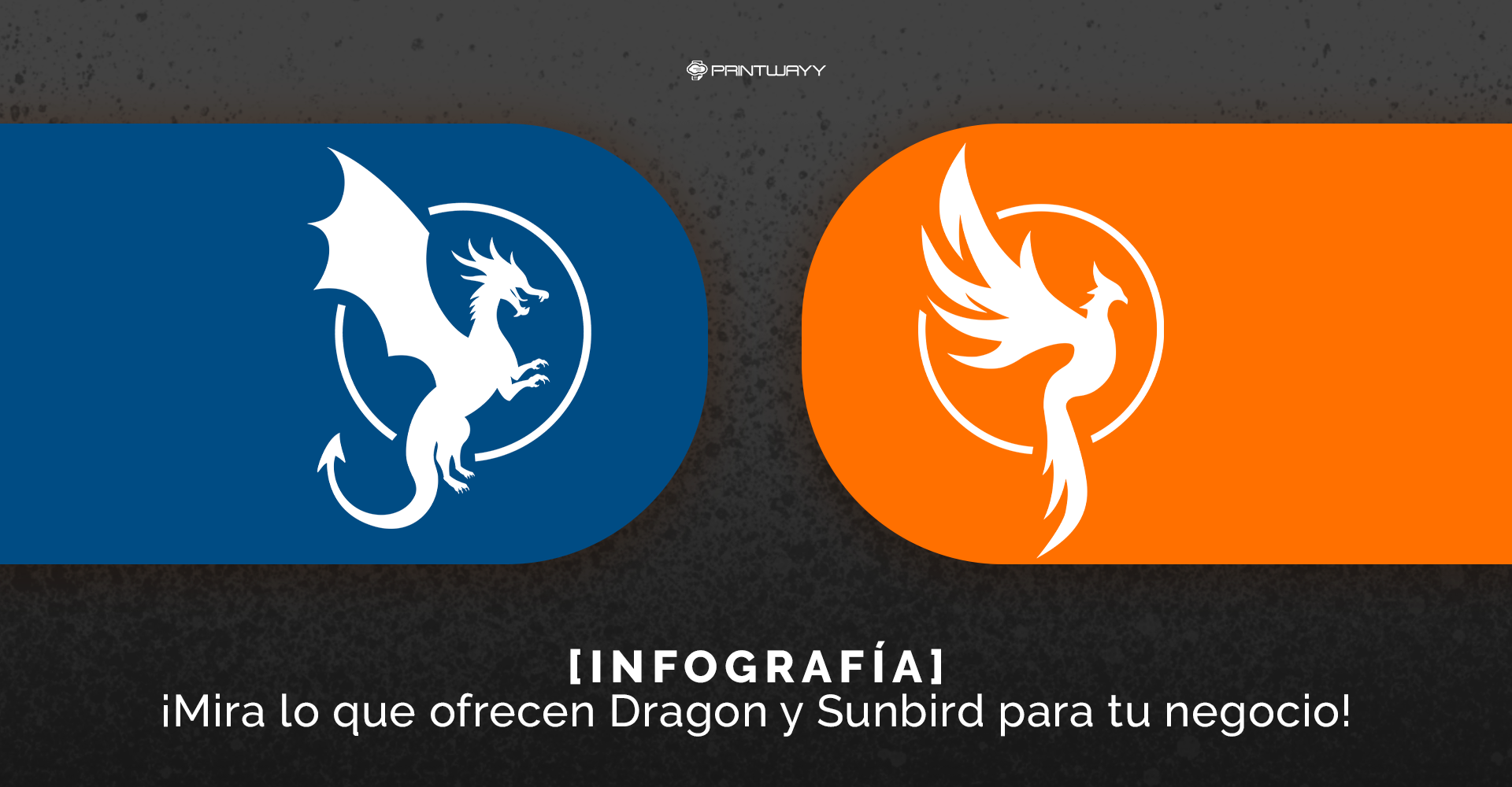 Logotipo de dos productos PrintWayy, Dragon y Sunbird.