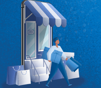Ilustración de una persona saliendo de un smartphone con una bolsa de la compra, en referencia al consumo phygital, que une lo físico con lo digital.