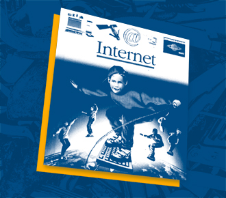 Imagem de uma capa de revista onde tem uma menino surfando em cima de um teclado de computador. Ilustra a inovação, a IoT.