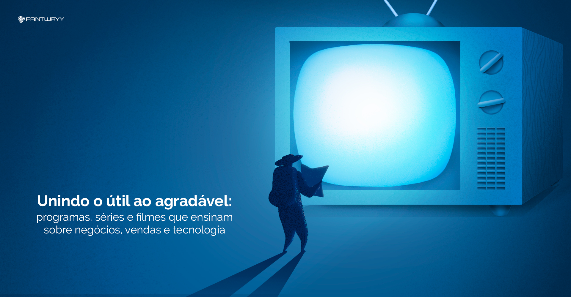 Ilustração de uma TV antiga gigante e de uma pessoa com chapéu e um mapa bem pequenos em frente a TV. A ilustração representa a busca por opções de entretenimento.