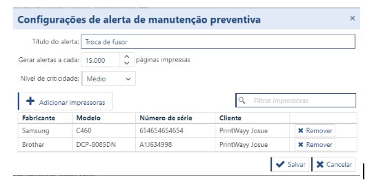 Printscreen da tela do PrintWayy na funcionalidade alerta de manutenção preventiva.
