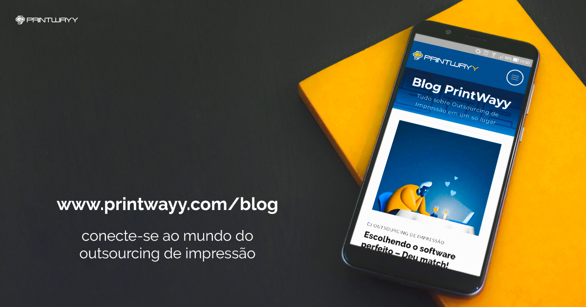 Imagem de celular com a página da PrintWayy aberta - convite para entrar no Blog da PrintWayy.