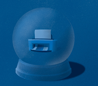 Uma bola de cristal mostra uma impressora, referenciando ao futuro do outsourcing de impressão.