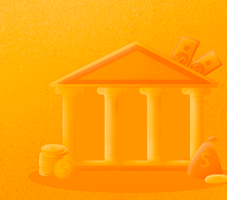 Imagem de um templo grego, ao lado dele, moedas e pilhas de dinheiro e ao fundo notas de dinheiro. Representando o modelo de negócios B2G (Business to Government).