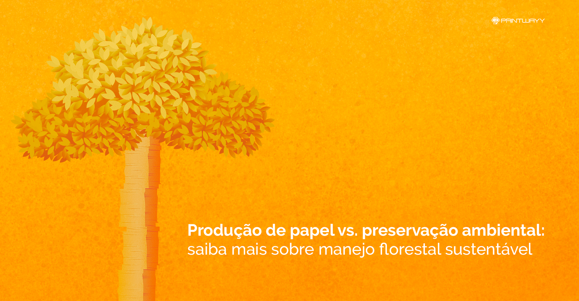Ilustração de uma árvore, com o seu tronco constituído por uma pilha de papel, simbolizando o manejo florestal sustentável.