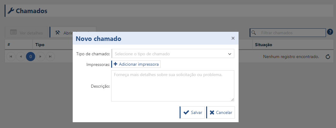 Tela do sistema PrintWayy Dragon demonstrando como adicionar um novo chamado