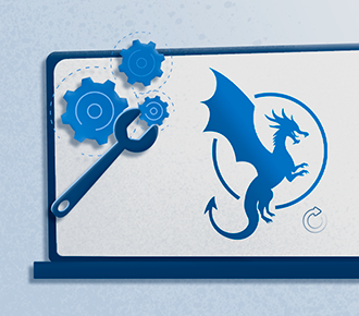 Um notebook com o logotipo do PrintWayy Dragon na tela, e símbolos de engrenagem ao lado.
