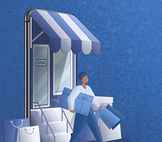 Ilustração de uma pessoa saindo de dentro de um smartphone segurando sacola de compras, fazendo referência ao consumo phygital, que une o físico com o digital.