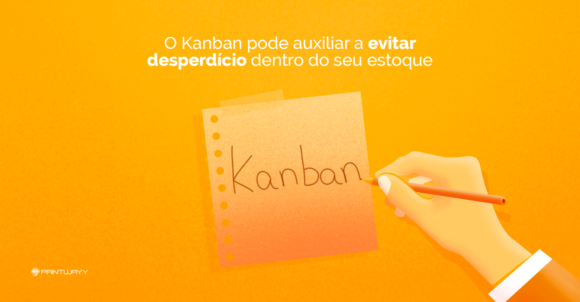 Ilustração de uma pessoa segurando um lápis, e escrevendo “Kanban” em um cartão.