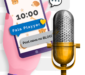 Uma mão segurando um smartphone, com um plano de fundo de cachorros, e ao lado o microfone de estúdio que representa a série Fala Playyer, que o tema da vez é SDR.