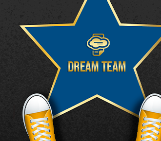 Uma estrela, com Dream Team escrito dentro dela, e em sua frente um par de tênis amarelos.