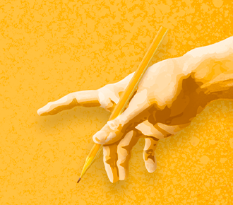 Ilustração baseada em A Criação de Adão de Michelangelo, sendo que uma das mãos tem uma folha de papel e na outra um lápis.