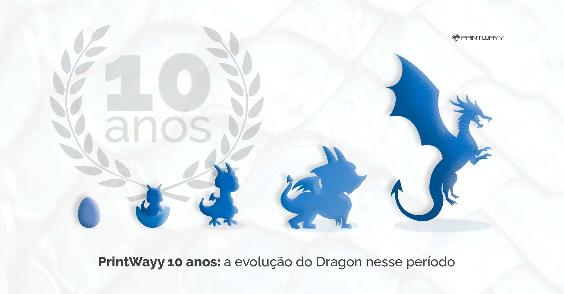 A ilustração traz a evolução de um dragão em 5 estágios, chegando por fim à logo do PrintWayy Dragon.