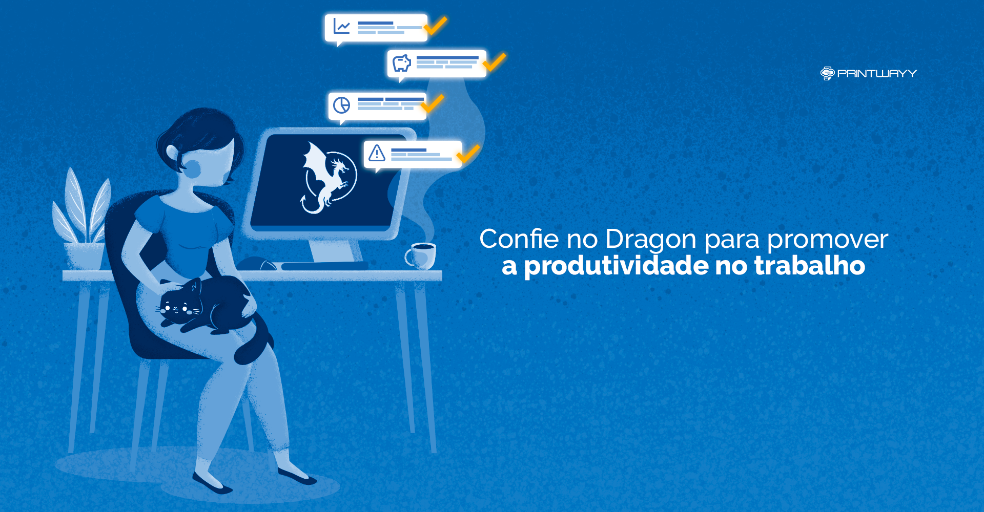 Uma pessoa trabalhando em home office, sentada em uma cadeira, com um gato no colo. Na sua frente, há um computador em cima de uma mesa, com o ícone do Dragon na tela.