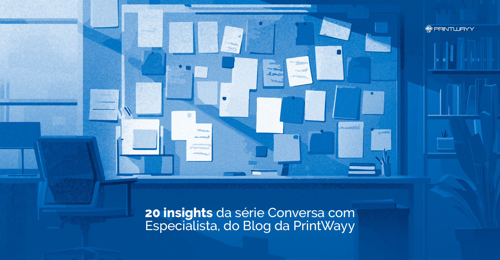 Ilustração de um escritório, onde há uma mesa e acima dela um quadro de avisos com vários papeis anexos. E, em sua frente, uma cadeira.