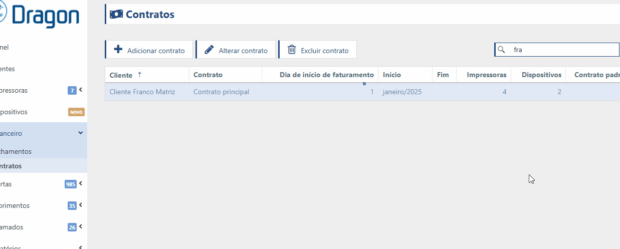 Imagem da tela do PrintWayy Dragon, demonstrando a tela de Contratos.