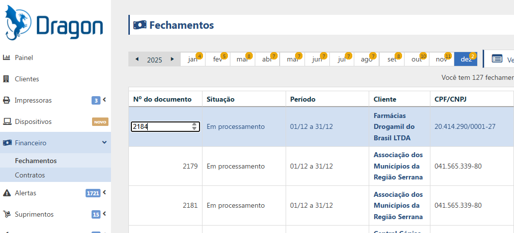 Tela da seção Fechamentos no PrintWayy Dragon.
