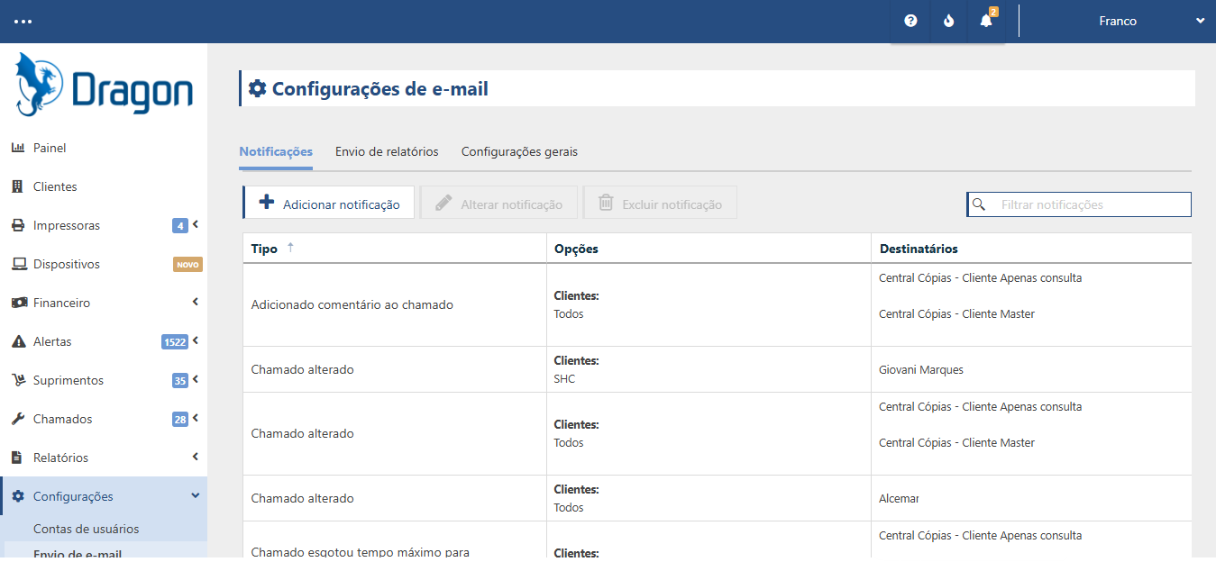 Imagem da tela do PrintWayy Dragon, demonstrando as Configurações de e-mail.