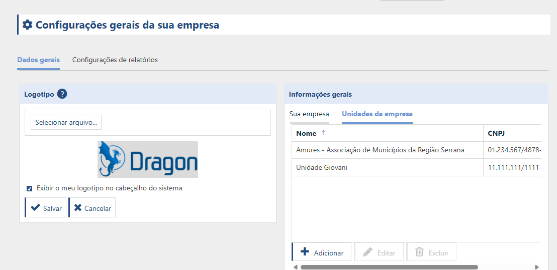 Imagem da tela do PrintWayy Dragon, demonstrando a tela de Configurações gerais da empresa.