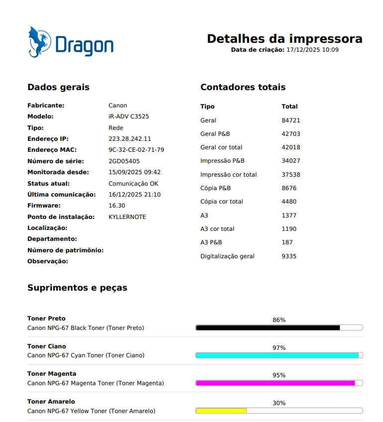 Exportação da tela de detalhes da impressora em PDF.