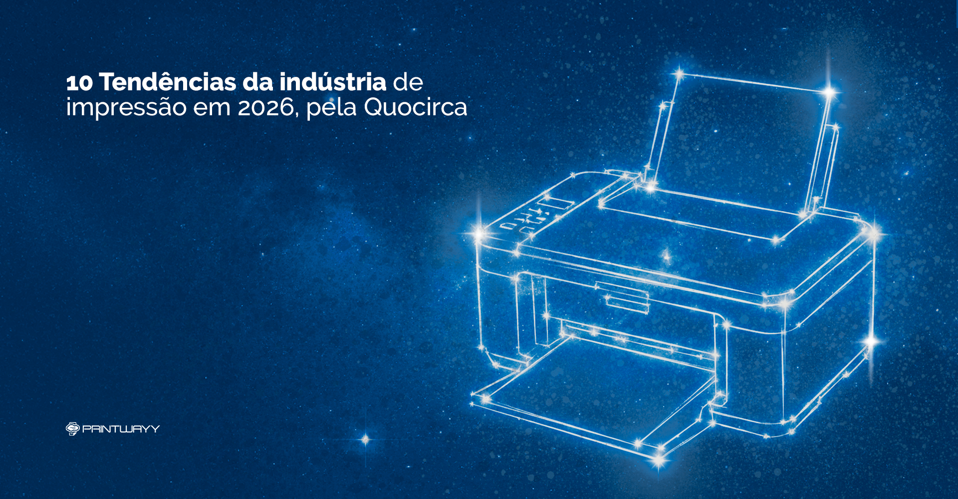 Uma impressora formada por estrelas, em meio ao espaço.