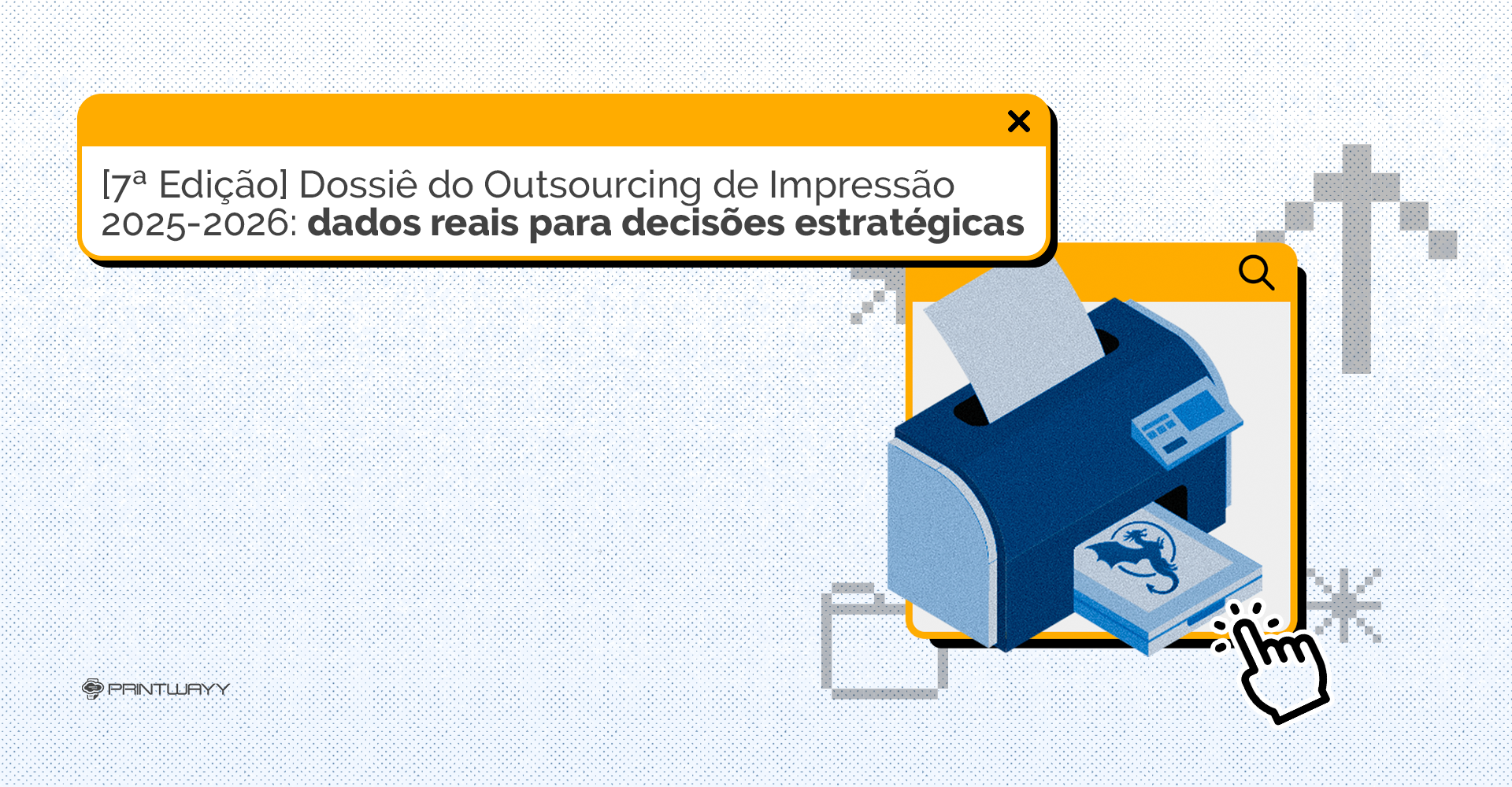 Ilustração de uma impressora, imprimindo a logo do PrintWayy Dragon. Ela está dentro de uma janela de sistema.