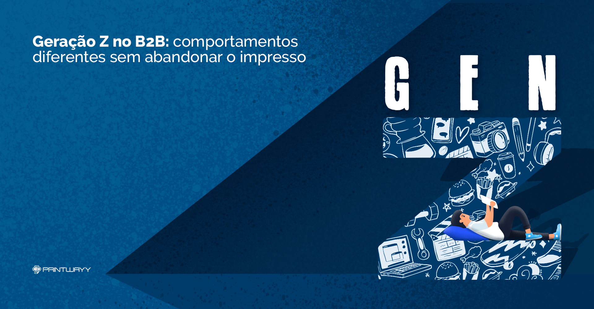 Ilustração da leta Z e dentro dela ícones variados, um jovem esta deitada em uma almofada sobre a letra Z.