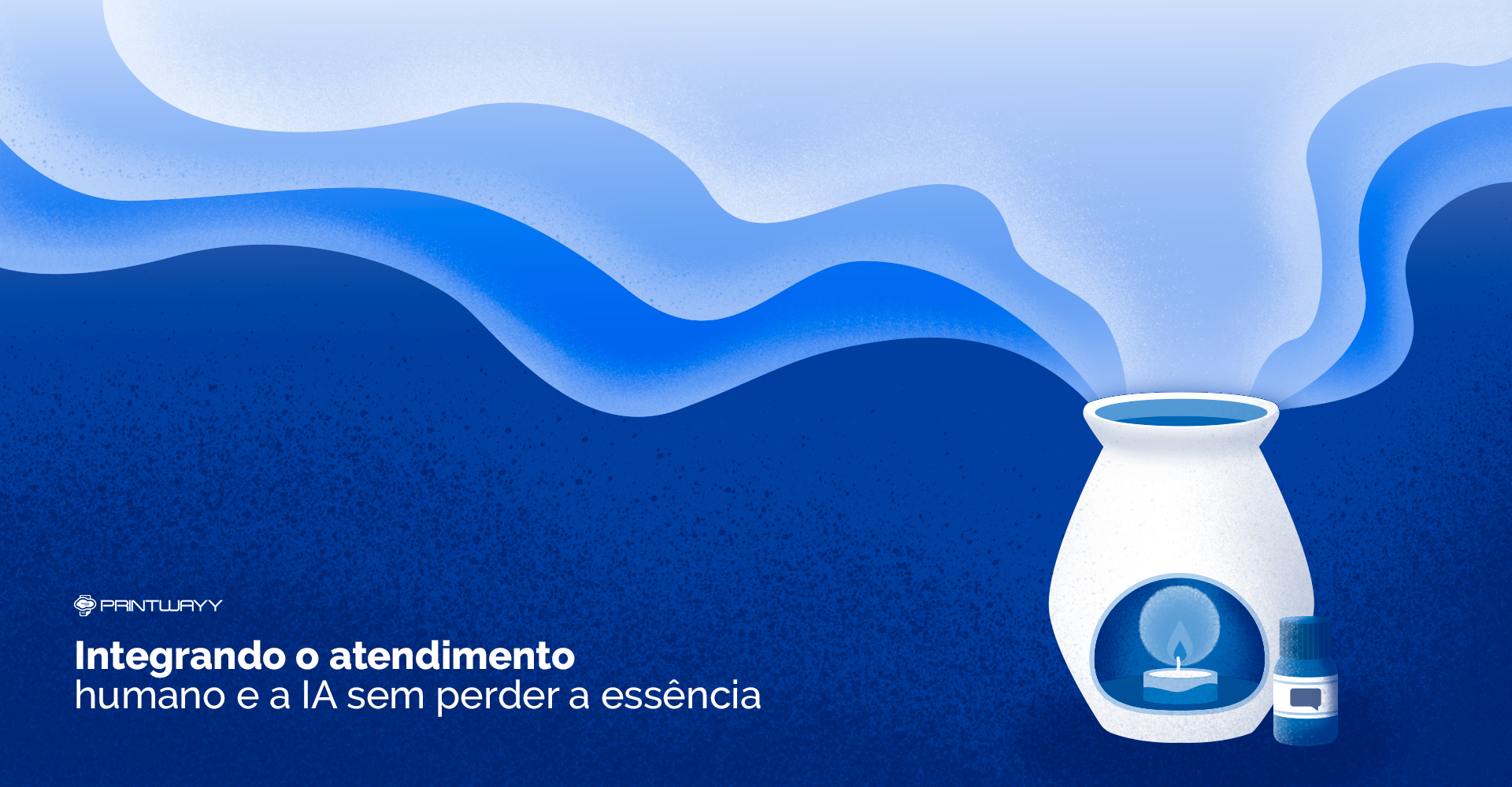 Ilustração de uma vela dentro de um suporte e, ao lado, um vidro de essência que possui o ícone de balão de conversa no rótulo.