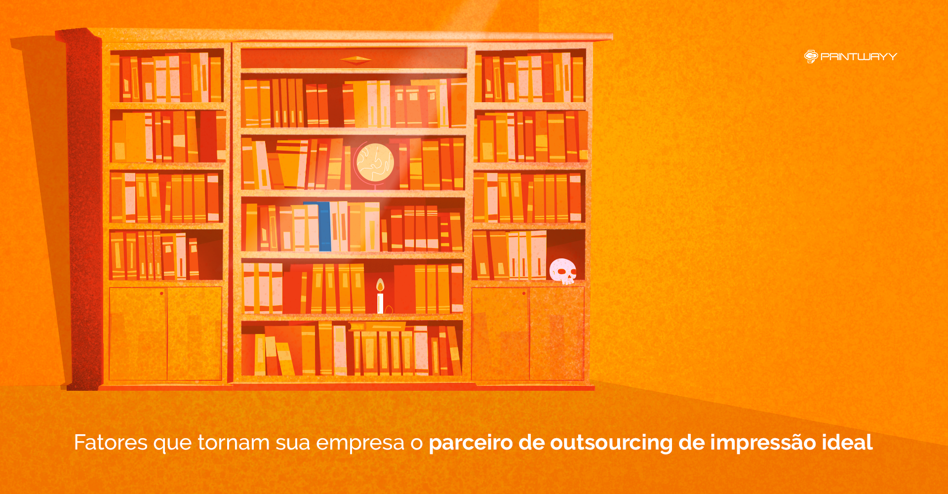 Uma estante cheia de livros, de cor predominante laranja. Em uma das prateleiras, um livro na cor azul se destaca.