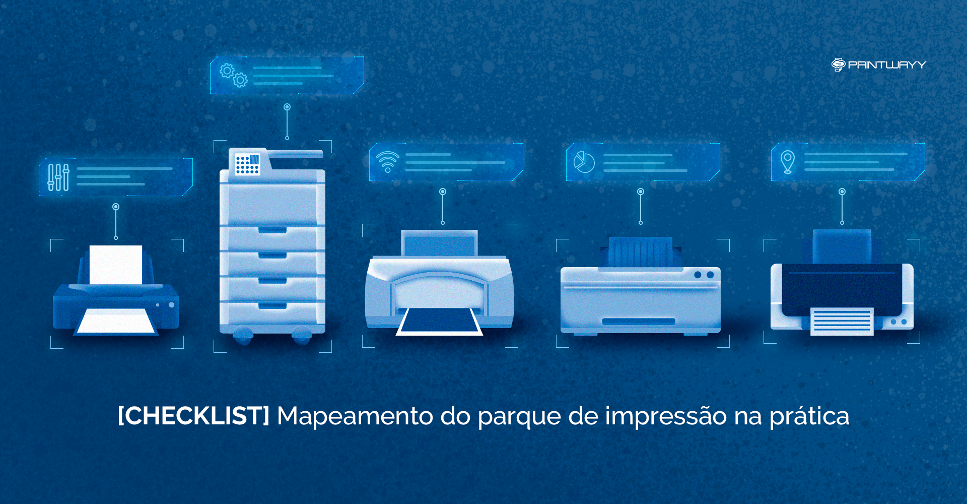 Ilustração de vários formatos de impressoras uma ao lado da outra.