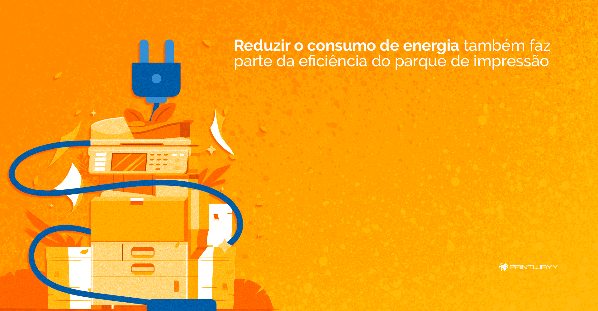 Ilustração de uma impressora e papéis envoltos a um fio de energia com um plugue de tomada na ponta.