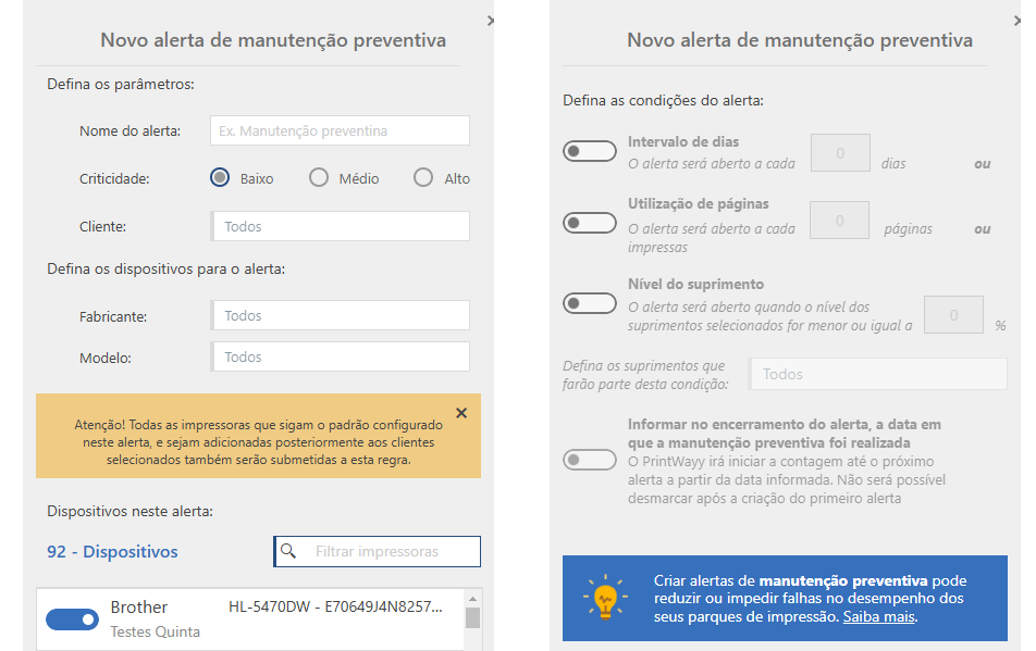 Configuração de alertas de manutenção preventiva no PrintWayy.