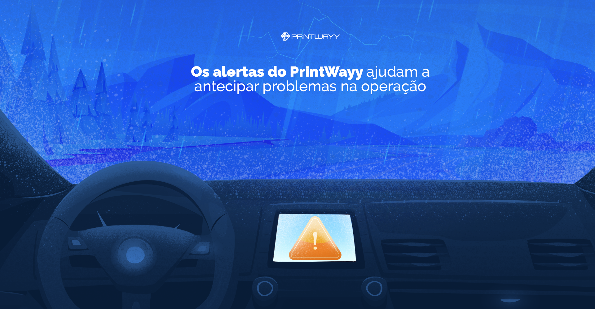 Ilustração do painel de um carro e no display um ícone de alerta.