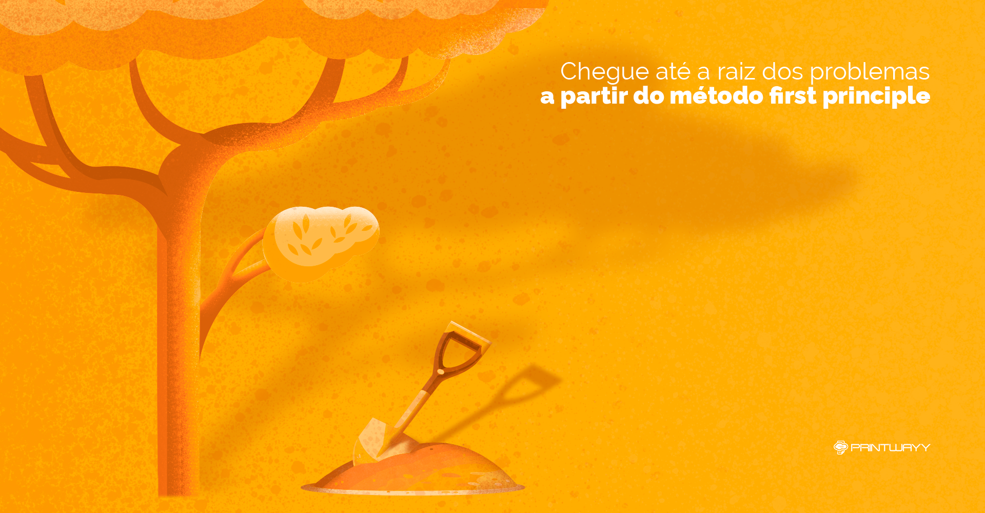 Uma árvore e, ao lado, um pouco de terra com uma pá em cima, como se estivesse sendo cavado. A fim de simbolizar a busca profunda pelos primeiros princípios.
